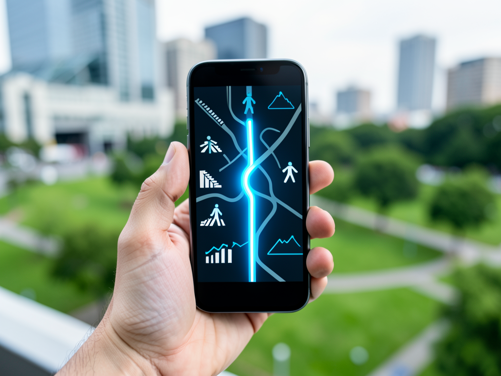 Person holding smartphone checking a walking route on a city map app at a crosswalk