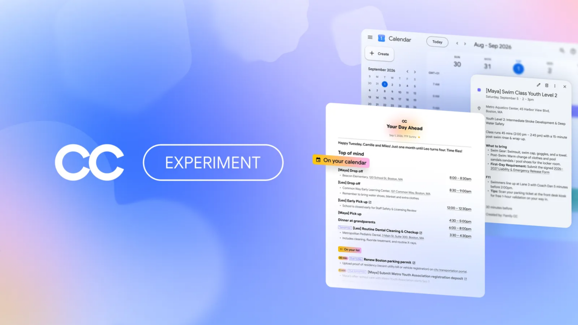 Google's experimental CC AI agent interface for family group coordination on a smartphone screen