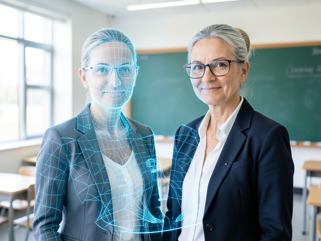 Cartoonish rendering of a teacher's face morphing into a glowing digital avatar inside a futuristic classroom setting.