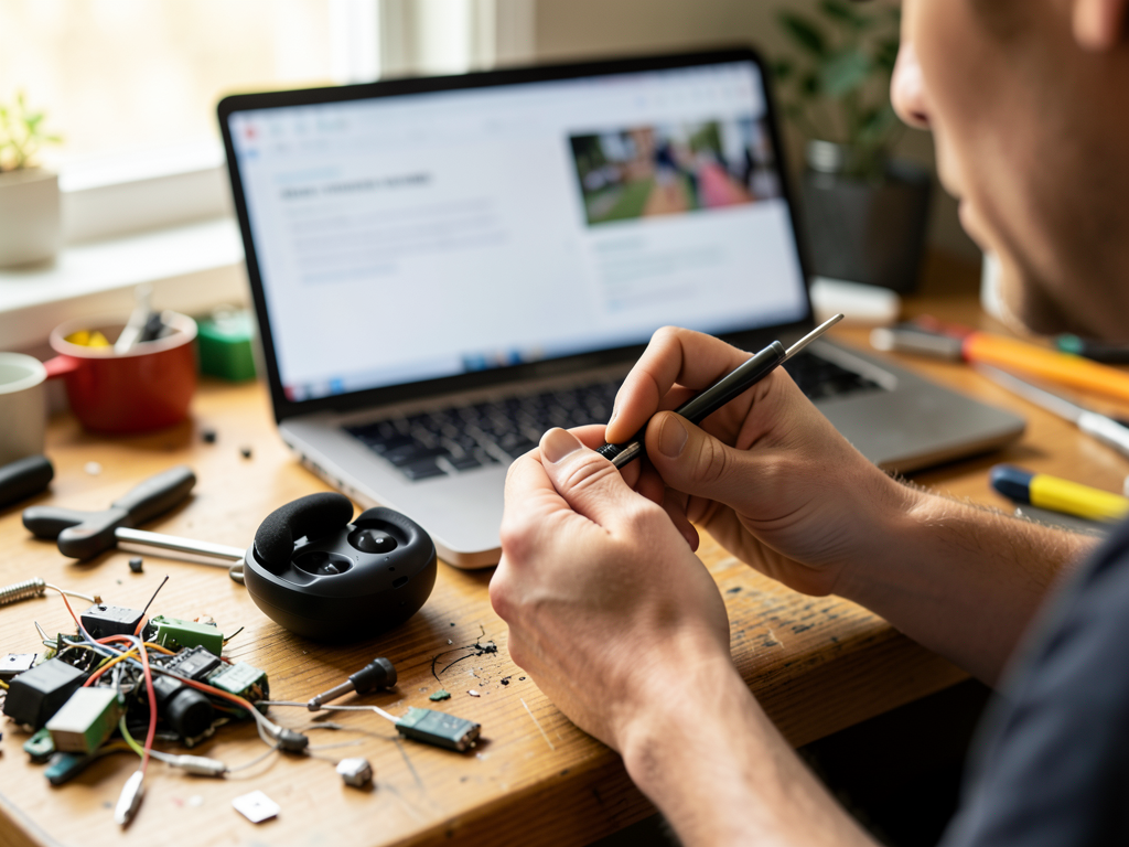 A person repairing headphones with a screwdriver, surrounded by electronic parts and tools