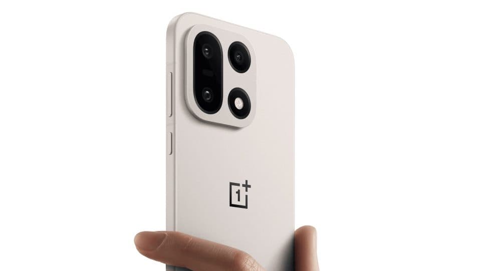 OnePlus smartphone logo on a blurred background of cityscape