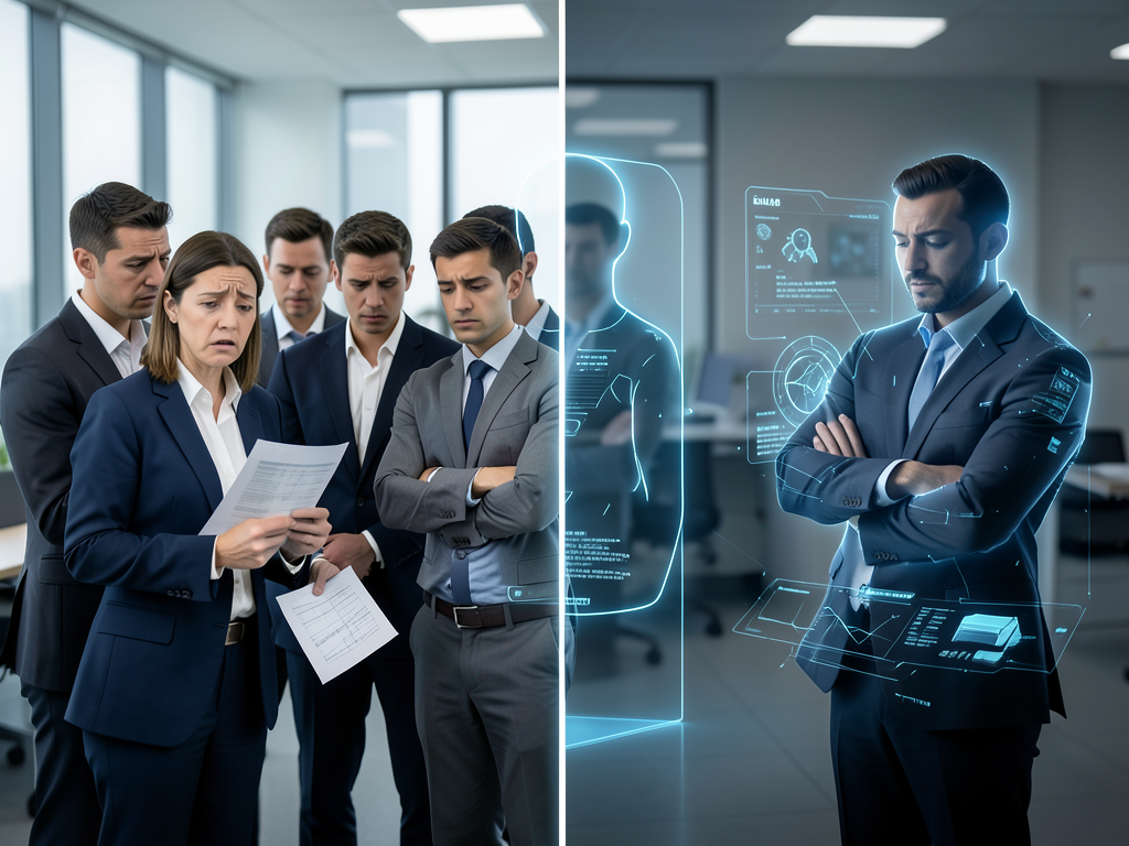 Office workers discussing AI adoption with a chart showing stalled growth in background