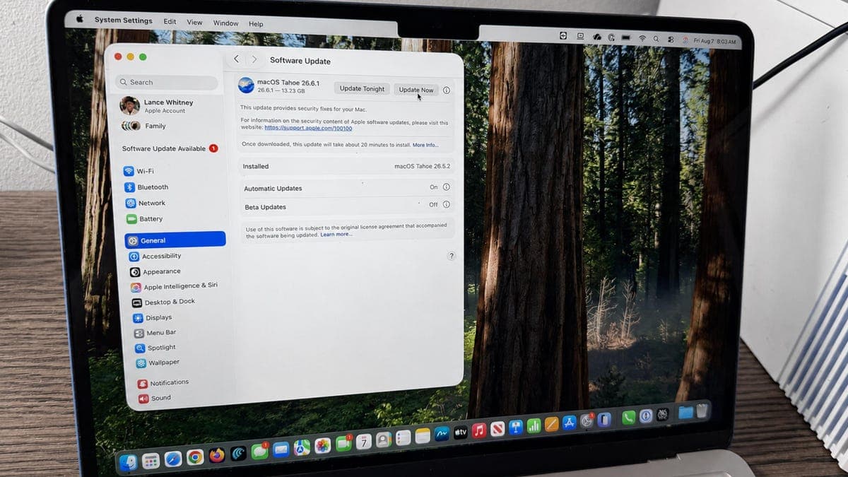 Apple macOS software update screen showing a pending security patch for a screen sharing vulnerability