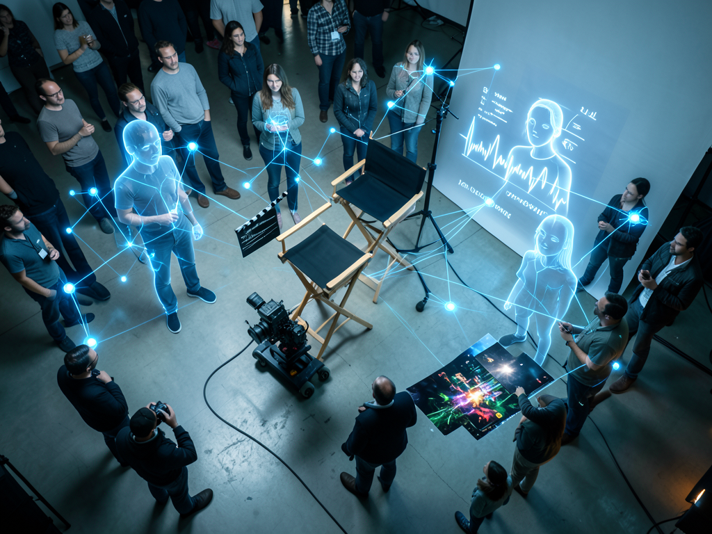 A film production set with monitors displaying AI-generated imagery and actors in motion capture suits
