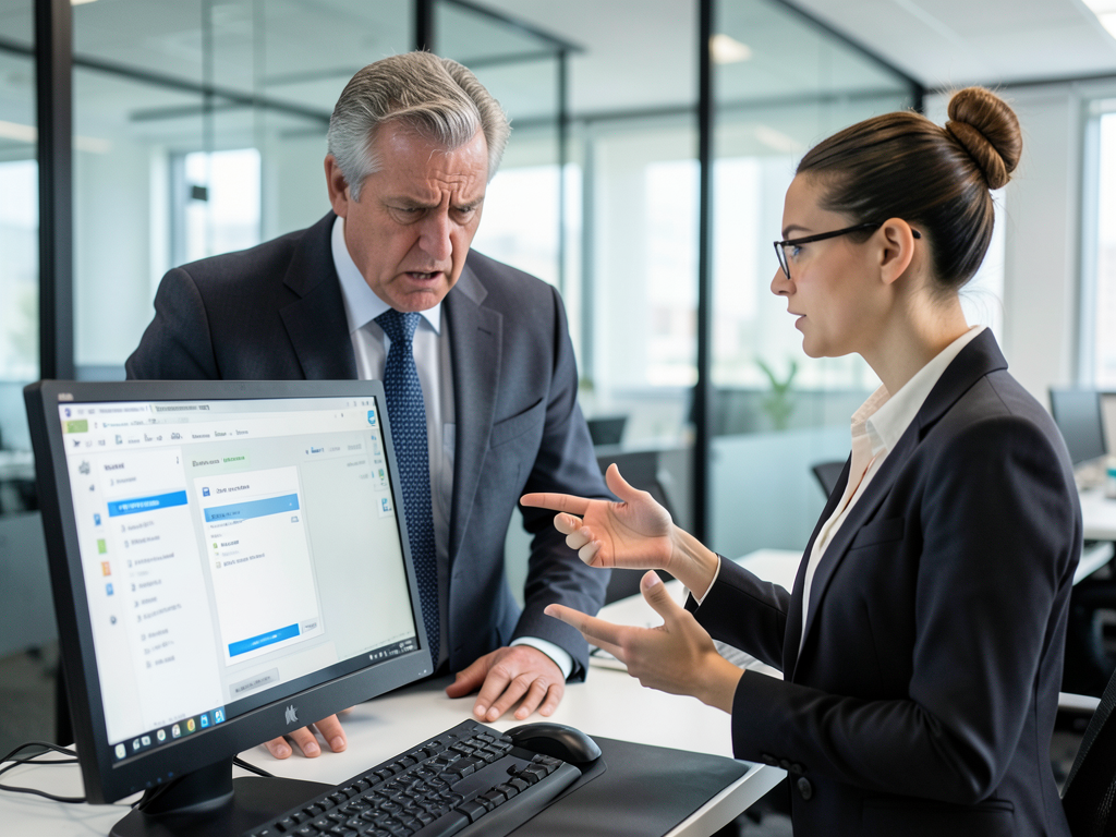 Workplace scene with frustrated manager pointing at empty folder while IT staff observes nearby