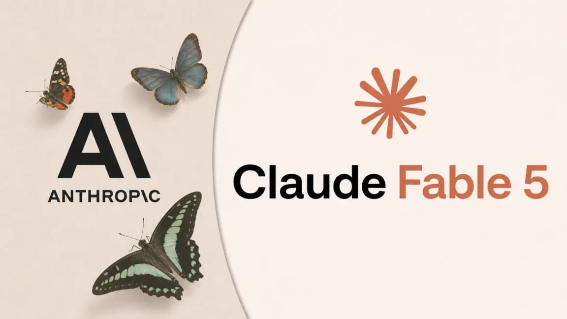 Anthropic company logo with AI model names Fable 5 and Mythos 5 in background