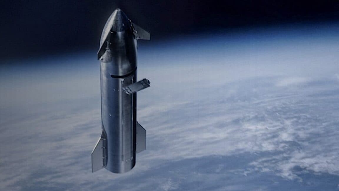An artist's rendering of SpaceX's Starship launching from a launch pad with a bright exhaust plume against a blue sky.