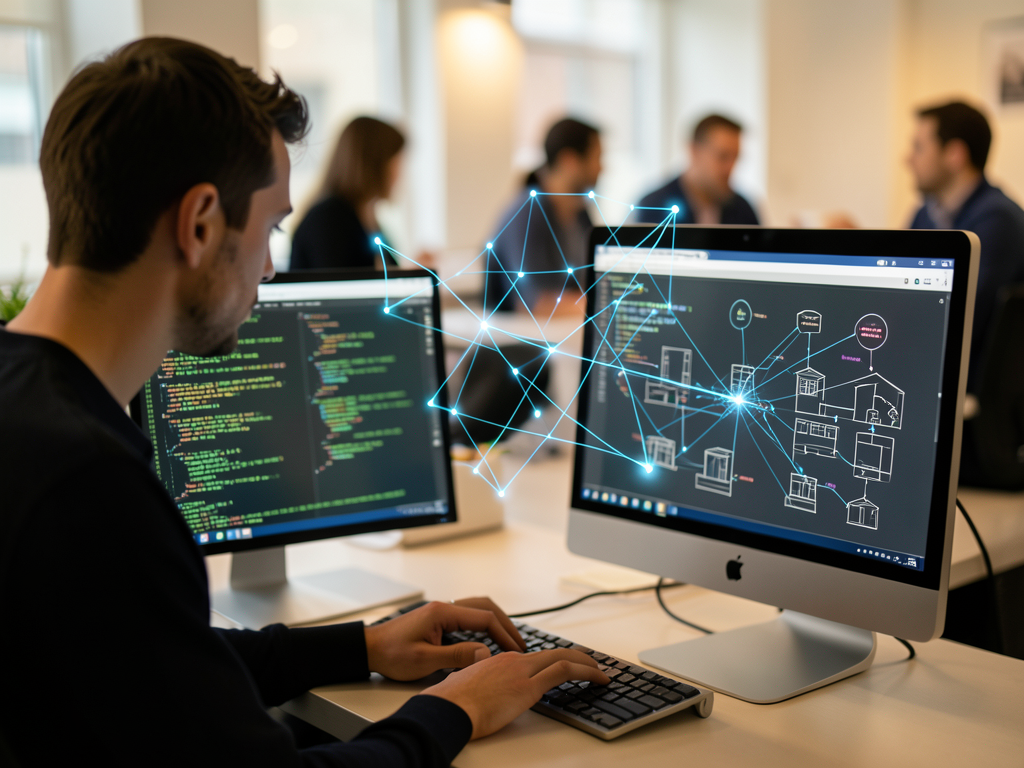 A software developer working at a desk with dual monitors showing code snippets and a chat interface with an AI assistant.