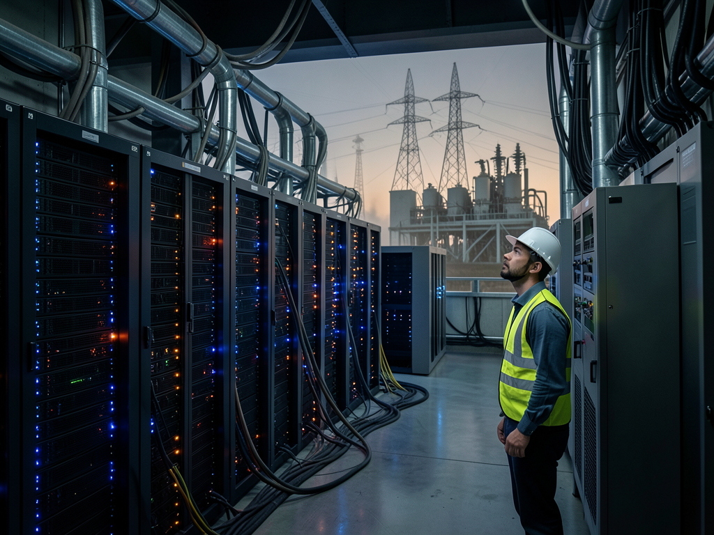 Data center server racks with glowing blue lights indicating high computing activity