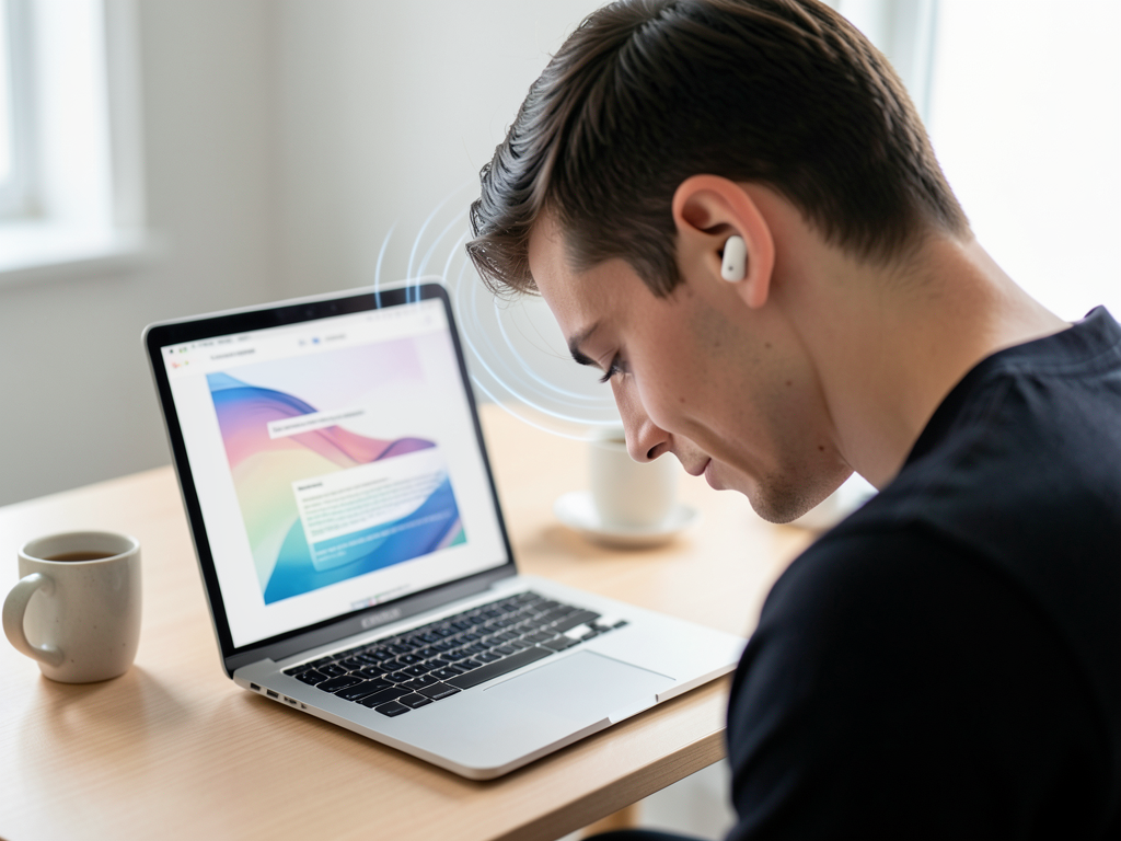 ScrollPods app interface on a Mac showing head-tilt scrolling settings with AirPods Pro nearby