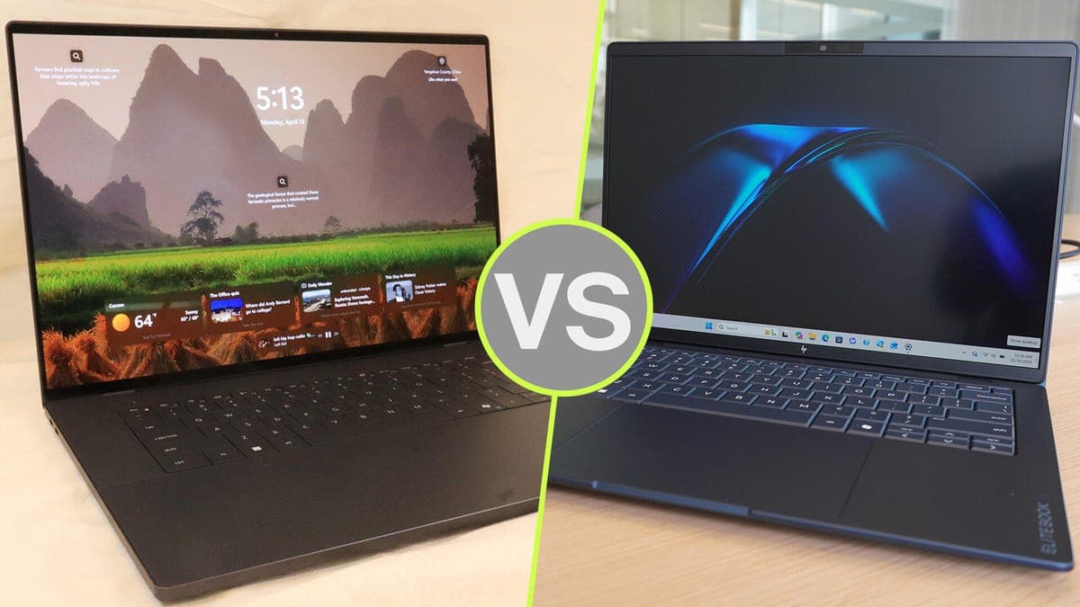 Two modern laptops from Dell and HP side by side on a desk, showcasing different designs